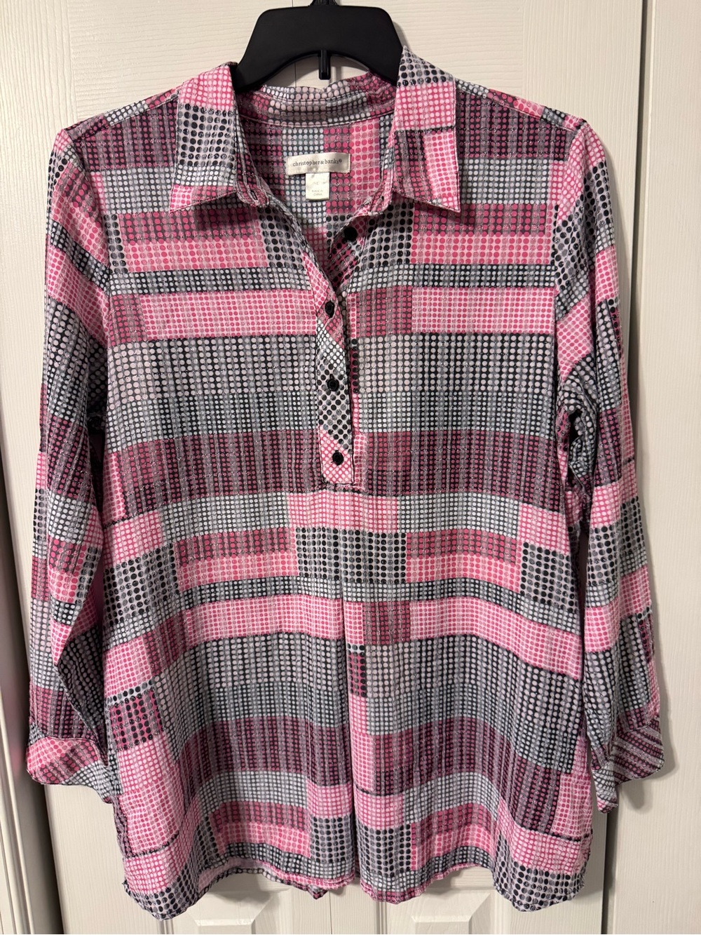 Christopher & Banks Pink and Gray Patterned Button-Down Tunic